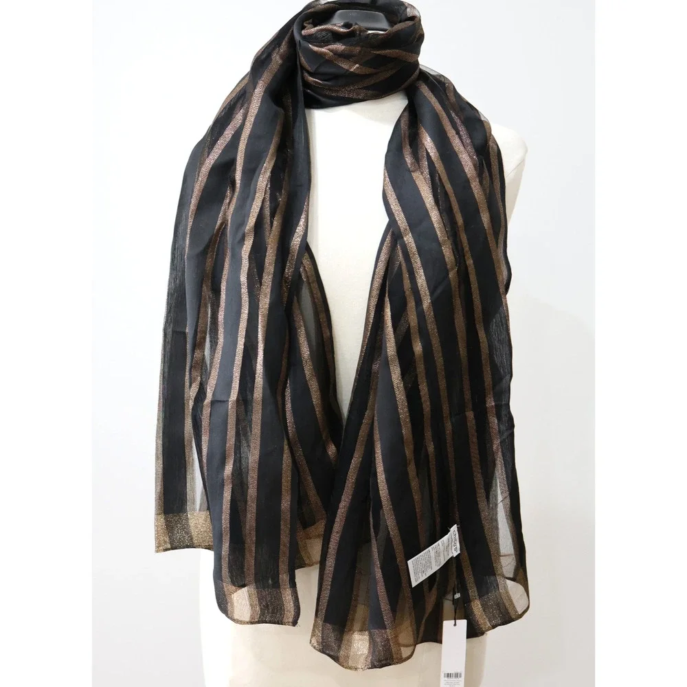 A5 NWT Auth CHICO'S Metallic Silk Blend Sparkling Black Gold Lurex Scarf $49.50